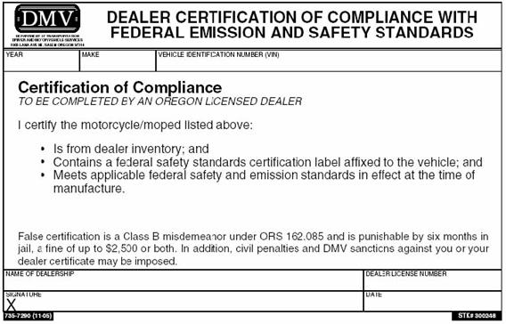 of DEALER CERTIFICATION OF COMPLIANCE WITH FEDERAL EMISSION AND