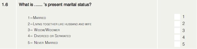 Statistics South Africa 7 P0211 Question 1.6 Marital status (Q16MARITALSTATUS) (@24 1.) This question is about the marital status of the members of the household.