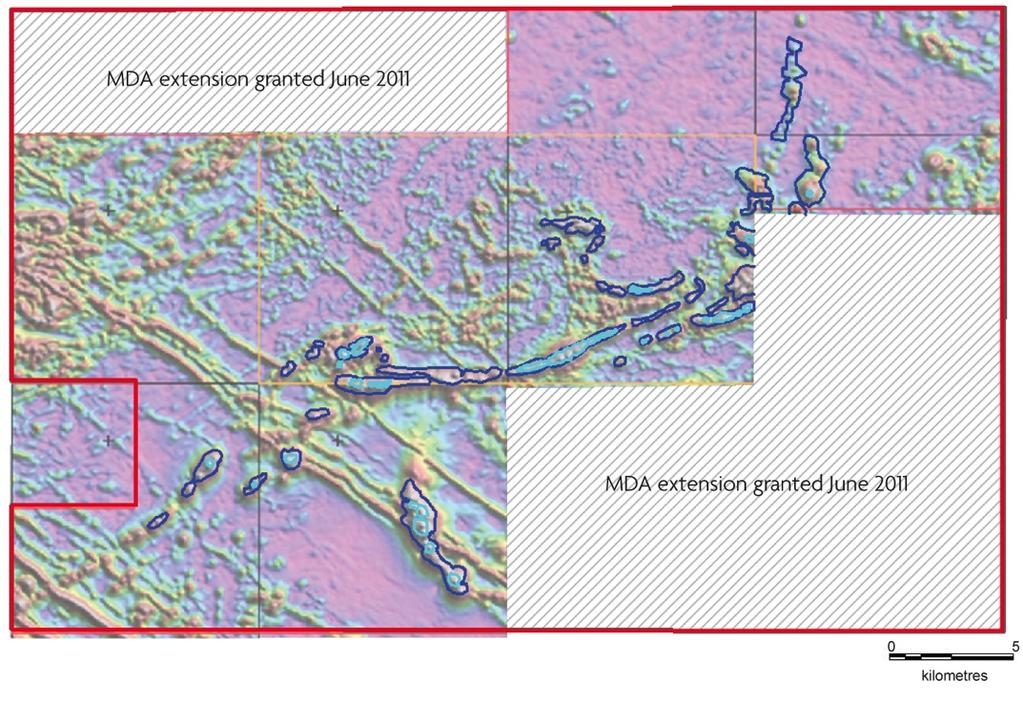 World Class Resource Size Potential Airborne magnetic survey identified structures with a combined strike length in excess of 40km averaging 500m in width of the magnetite units alone.
