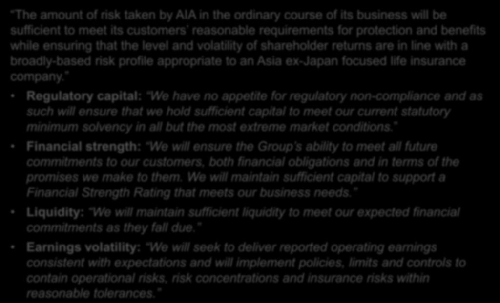 RISK APPETITE Examples of risk appetite statements AIA The amount of risk taken by AIA in the ordinary course of its business will be sufficient to meet its customers reasonable requirements for