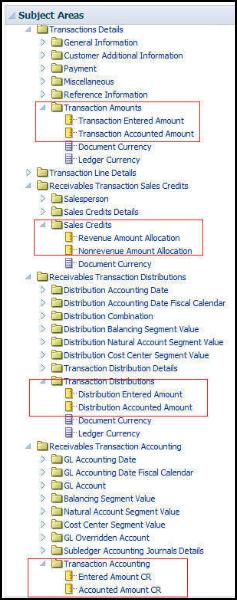 Chapter 4 Manage Accounts Receivable Balances These two figures illustrate the following components: Subject area: Receivables - Transactions Real Time Dimension - Presentation Folder: Bill-to
