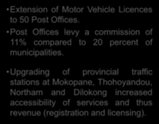 Results from implementing Enhancement Strategy: Impact Transport LEDET Extension of Motor Vehicle Licences to 50 Post Offices.