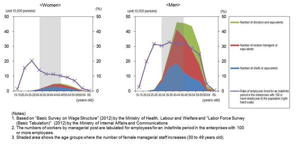 Figure 11 Ratio of the Number of Employees by Age Group to the Population and the Number of Managers (By Sex, 2012) (Perception of companies in relation to promotion of women to managers) Among the