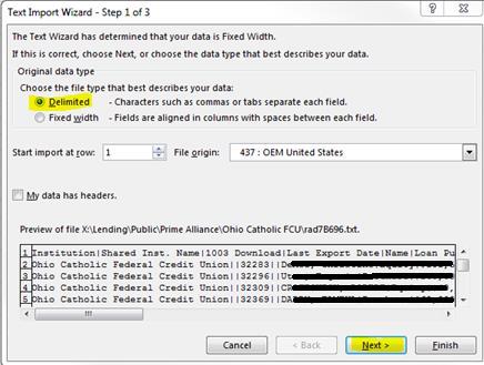 Text Import Wizard-Step 2: Unselect Tab, and Select