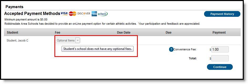 An optional fee can be removed (click the X) once selected as long as a payment has not been made against it.