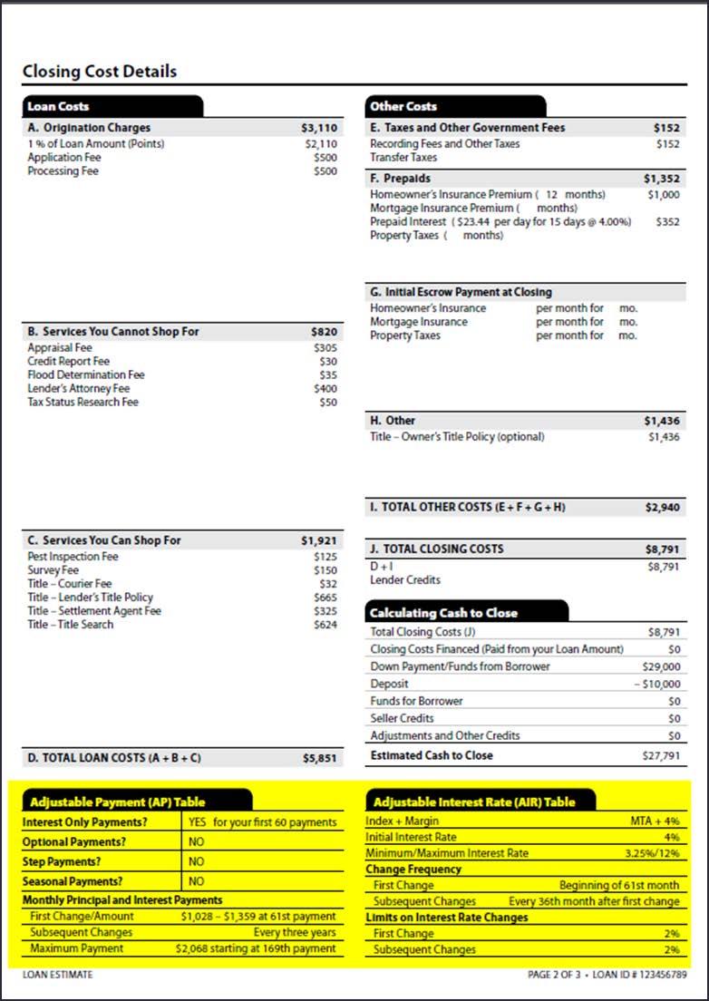 Loan Estimate Page 2 Can only show the title of fees that will be charged Fees / services must list in alphabetical order Cash to Close