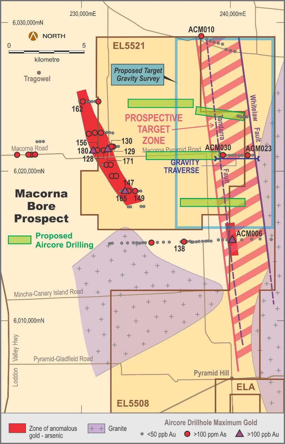 TARGET: Macorna Bore 20 km long strike length Anomalous As in shallow basement Weak Au