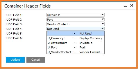 Select up to six fields for display on the Container Tracking header.