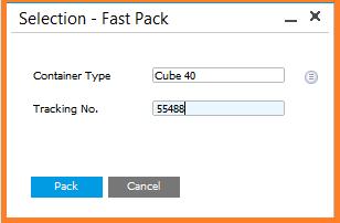 Select the container type, and enter the tracking number. When the information has been entered, press Pack.