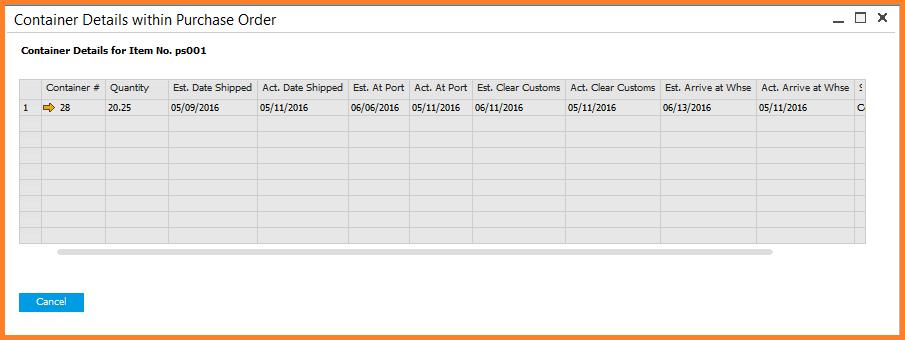 The display includes the container number, quantity, status, as well as the estimated and actual dates of