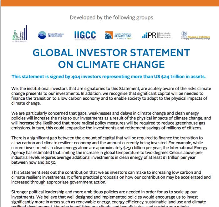 And investors are committed - USD 60tn AuM represented at UN Climate Summit NYC 2015 - Insurers pledge to increase climate investments by factor
