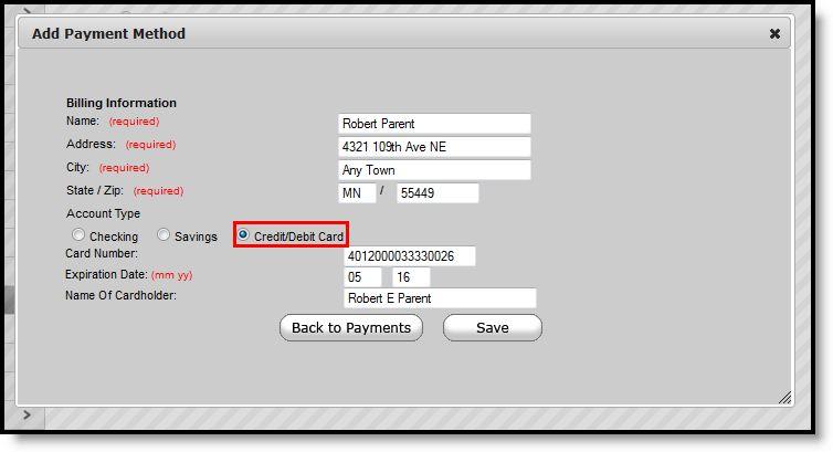 Registering Credit Card Information Users have the ability to register and make payments via a major credit/debit card. To begin the registration process, select the Credit/Debit Card radio button.