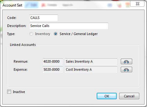 Create Inventory Item Account Sets Account sets for service items have 2 parts, the revenue and the expense.