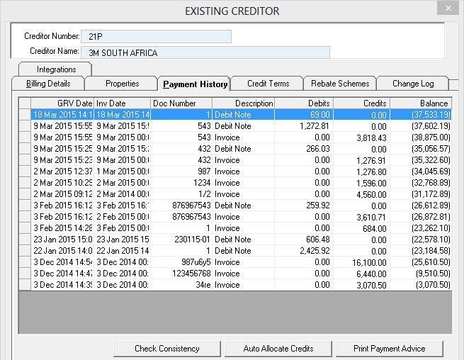 Payment History The Payment History tab displays all invoices, payments & credits done on the