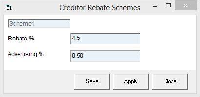Rebate Schemes Rebate Schemes is used to allocate products to different rebate and advertising rates. All items that have not been allocated to group will be sorted under the Unbound scheme.