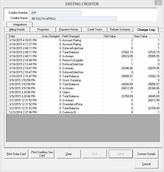 Change Log The Change Log tab shows all changes which have been made to the creditor account.