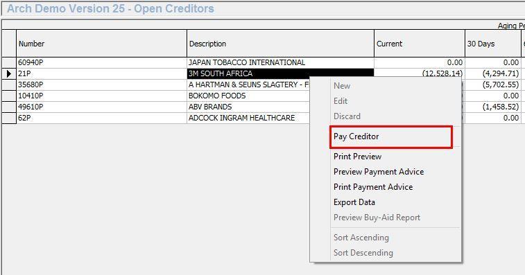 Direct Creditor Payments Select the required Creditor account and right click using the mouse.