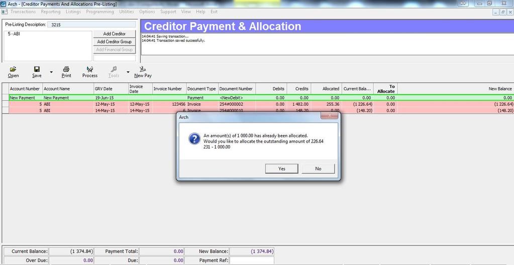 When an Invoice or Debit Note is already allocated it will still remain in the list but when you click on it, it will warn you that it already has a saved allocation linked to it and display the
