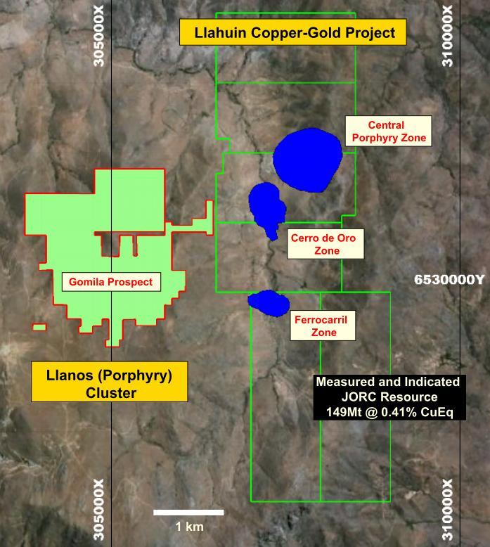 Figure 1: Gomila Prospect in relation to the Llahuin Copper-Gold Project By adding the potential of the Llanos Cluster to the established Llahuin resource, the combined Llahuin/Llanos Project is an