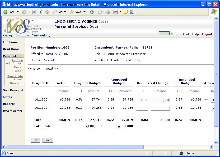Personal Services Detail IBS displays the Personal Services Detail page. This page is comprised of two sections.