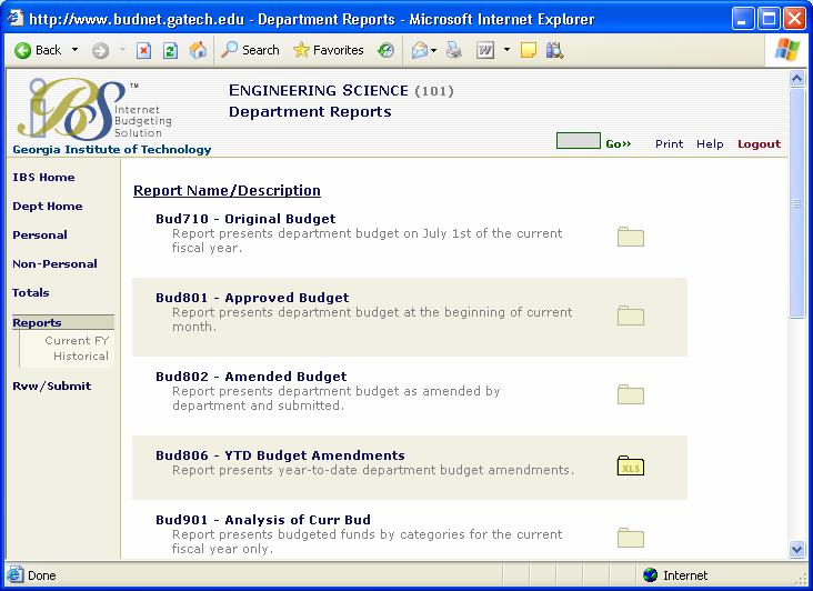 Department Reports Click on the Reports link Click here IBS displays list of reports currently available.