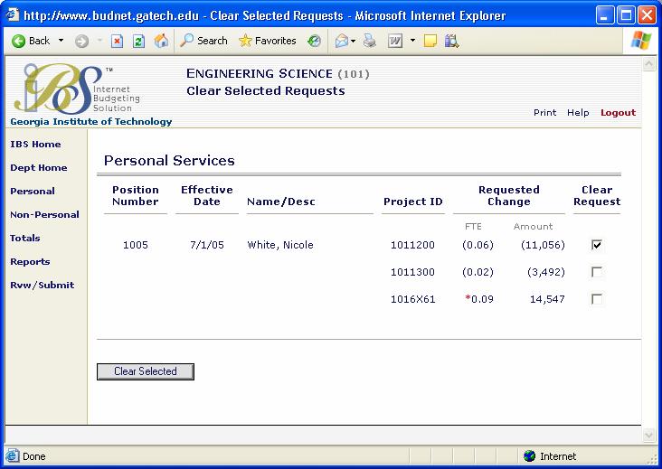 Clear Selected Request Information IBS allows you to select the requested changes you