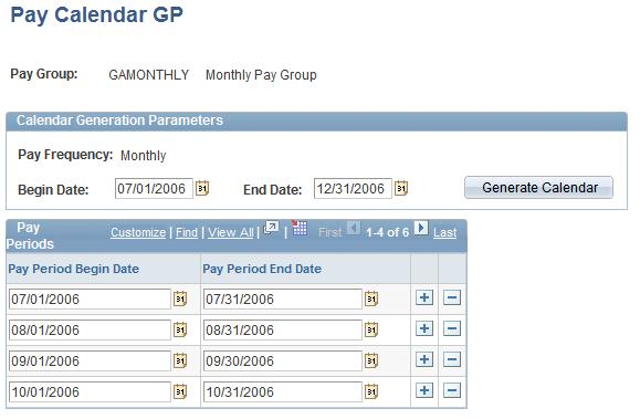 Chapter 3 Setting Up Salary Packaging Pay Calendar GP page Calendar Generation Parameters Pay Frequency Generate Calendar Value comes from the Pay Frequency field on the Pay Groups AUS page in Global