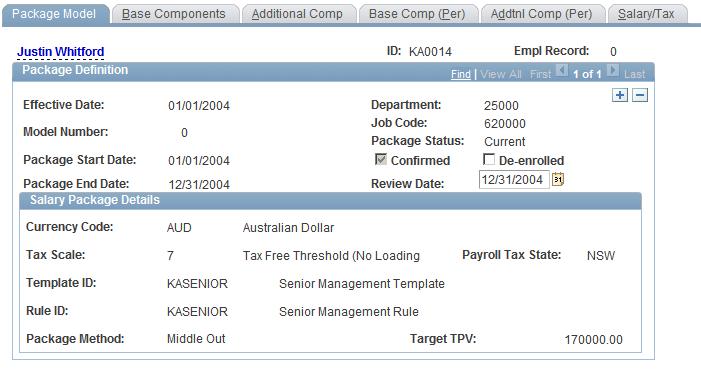 Modelling Salary Packages Chapter 4 Page Name Definition Name Navigation Usage Employee Salary Package - Addtnl Comp (Per) (additional compensation [per]) PKG_MDL_ADD_CMP_PE Compensation, Salary