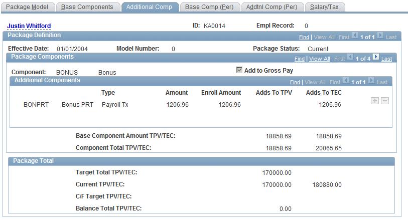 Modelling Salary Packages Chapter 4 Employee Salary Package - Additional Comp page Package Components Add To Gross Pay Base Component Amount TPV/TEC and Component Total TPV/TEC This check box is
