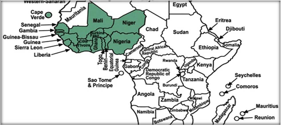 Map of Africa Showing ECOWAS countries The estimation began by determining the descriptive statistics of the variables.