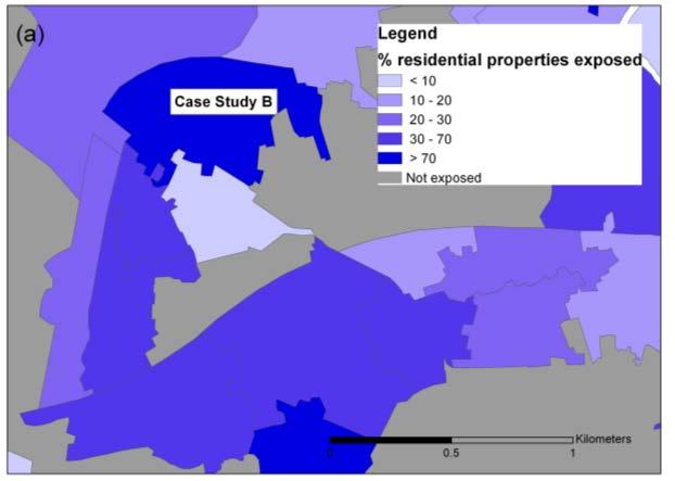 Figure 11 Flood disadvantage characteristics for Case Study B (a) Flood hazard exposure (residential property