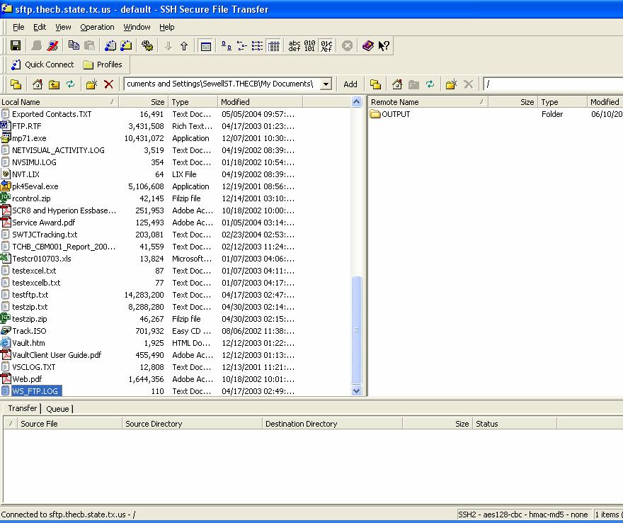 As depicted below, the highlighted file at the bottom of the left pane in this screenshot represents a file which is intended to be "submitted" to the THECB SFTP server.