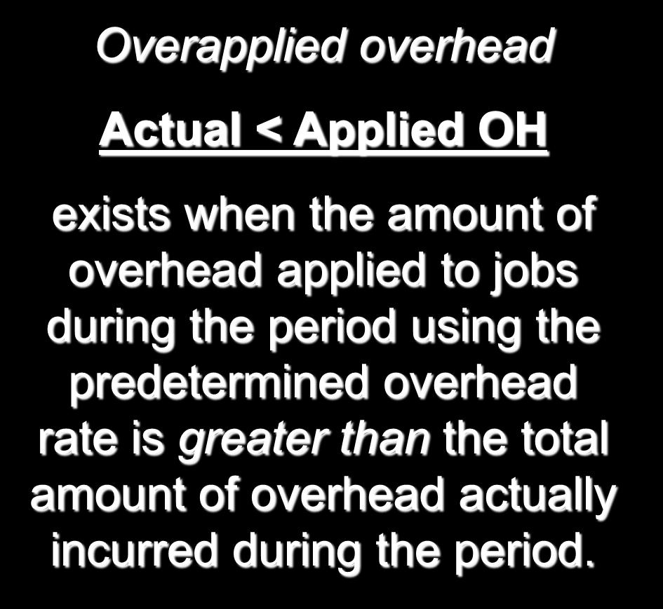 Defining Under- and Overapplied Overhead The difference between the overhead cost applied to Work in Process and the actual overhead costs of a period is termed either underapplied or overapplied