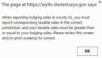 Lodging error message Sales subject to sales tax can be larger than sales subject to lodging tax if you sell items in addition to lodging, such as prepared food, gift shop items, etc.