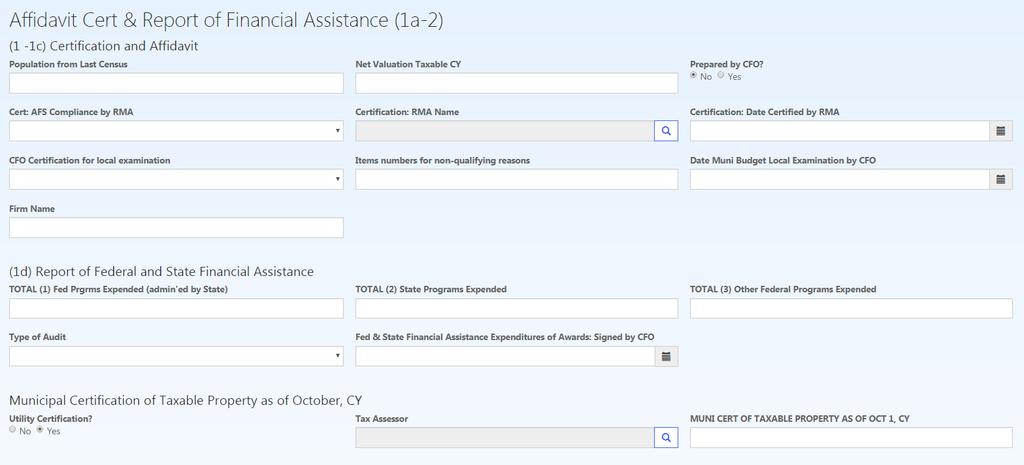Affidavit Cert & Report of Financial Assistance (1a-2) This section contains a number of editable fields. Once you have added data, click Save at the bottom.