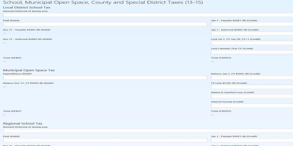School, Municipal Open Space, County and Special District Taxes (13-15) This section has multiple sections with editable and read-only, calculated fields.