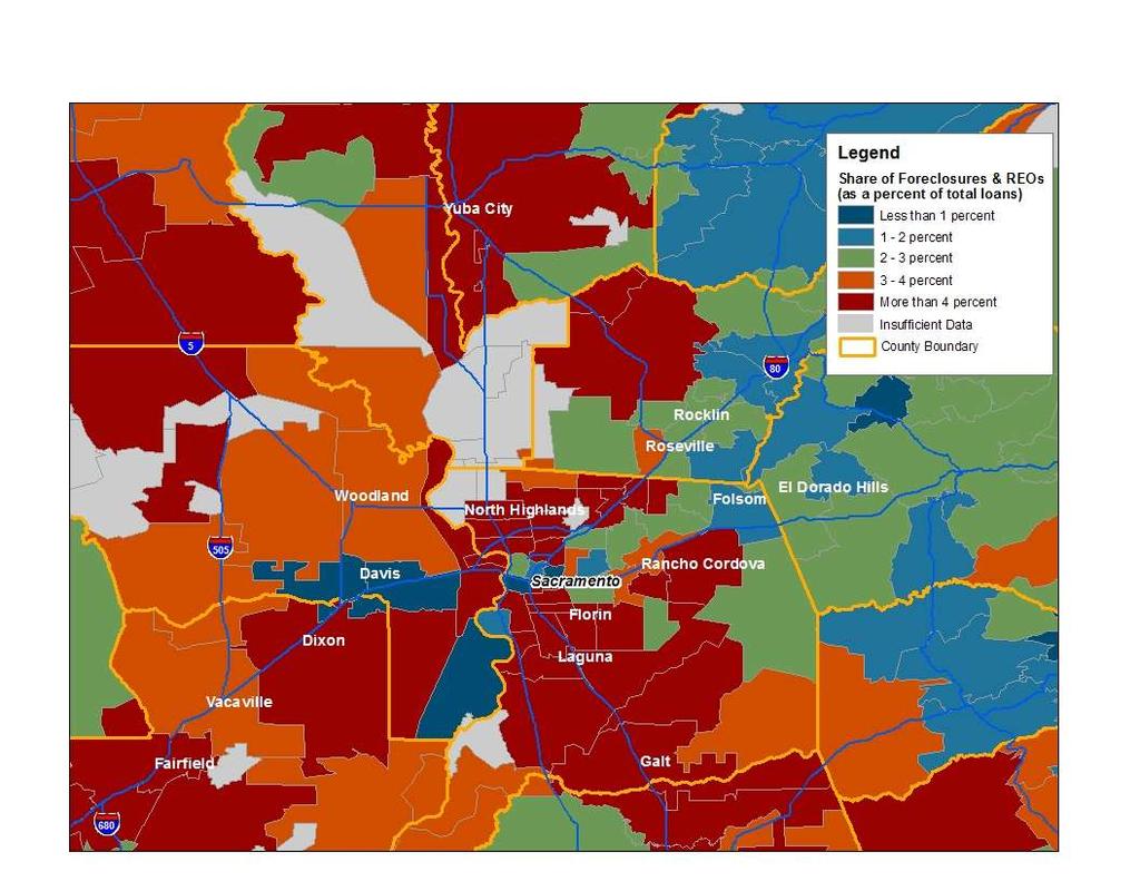 Sacramento Valley Data Maps Neighborhoods with Concentrations of Foreclosures February 2009 Source: McDash