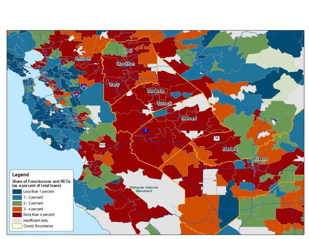 San Joaquin Valley Data Maps Neighborhoods with Concentrations of Foreclosures February 2009 Source: McDash