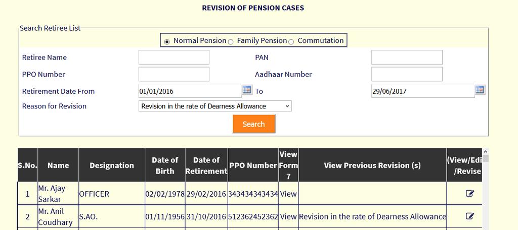 Edit button Pensioners/Retirees whose revision is to be done is shown Click on Edit button