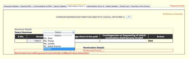 Family details appear in Select Nominee dropdown.