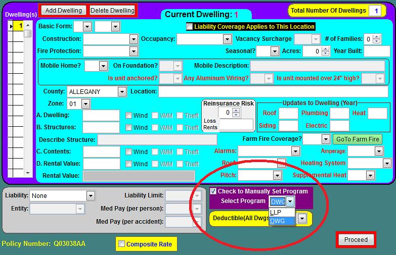 15. Click the box next to Check to Manually Set Program in the purple field at the bottom of the screen. 16. IMPORTANT: Select LLP for a landlord quote or DWG for a dwelling fire quote. 17.