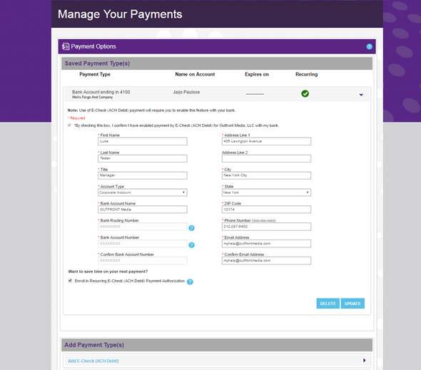 Manage Payment Options Saved Payment