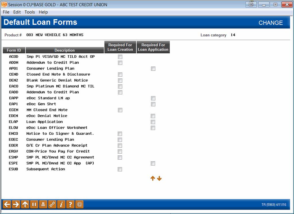 Default Loan Forms Checkboxes appear based on the type of form.
