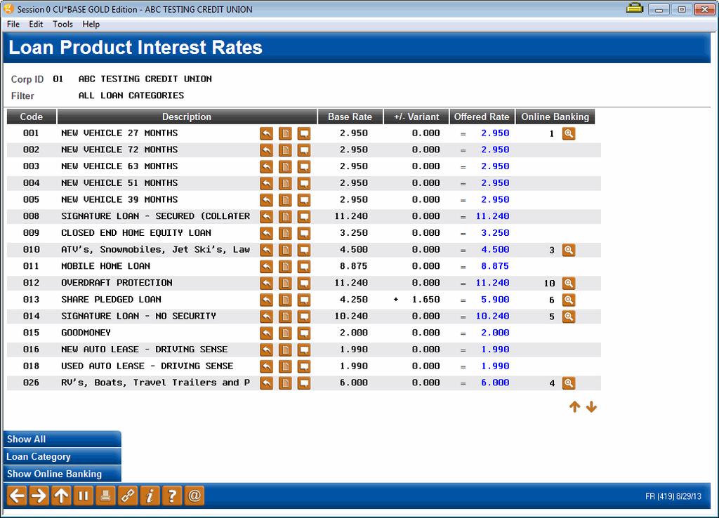 RATE INQUIRY Similar to rate maintenance, the Rate Inquiry screen provides one stop shopping for rates on any of your credit union s loan products.