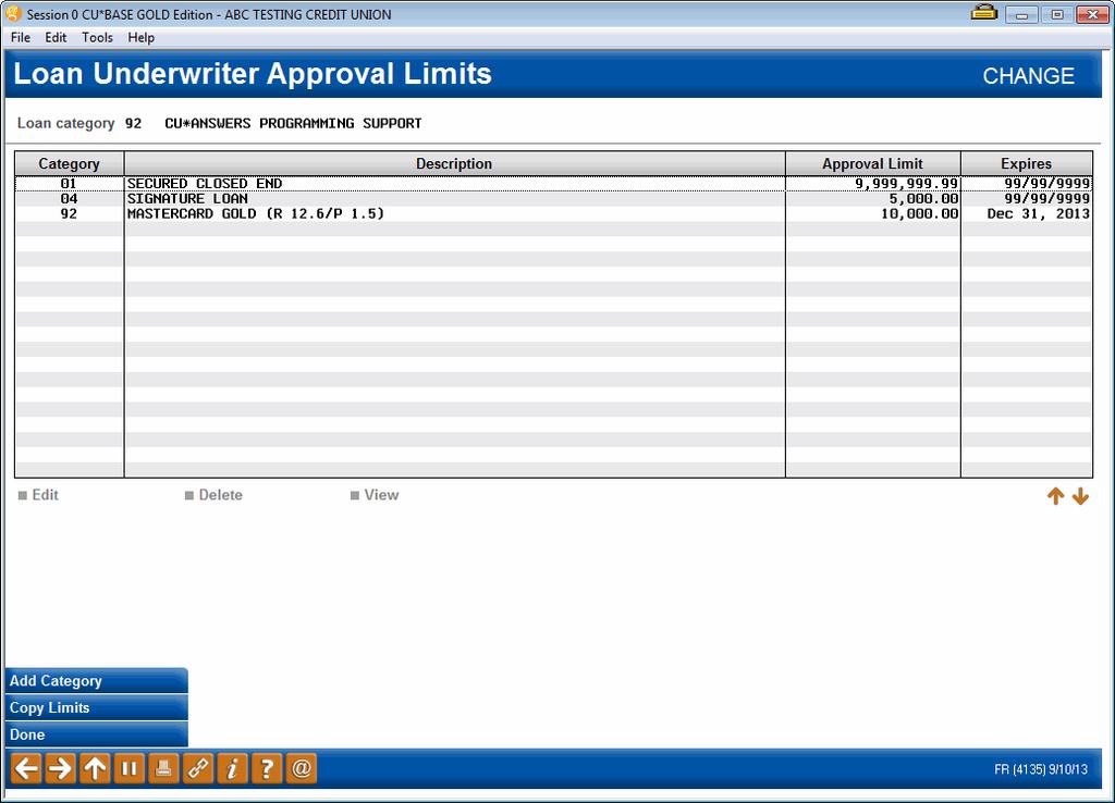 HOW TO ADD UNDERWRITER APPROVAL LIMITS TO AN EMPLOYEE ID Underwriter approval limits are added by Employee ID and by category by using the Update Special Security screen.