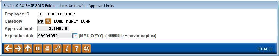 Add Category (F6) NOTE: All 9s in the Approval limit field indicates the Emp ID can approve any amount (unlimited). All 9 s in the Expiration date field means the limits never expire.