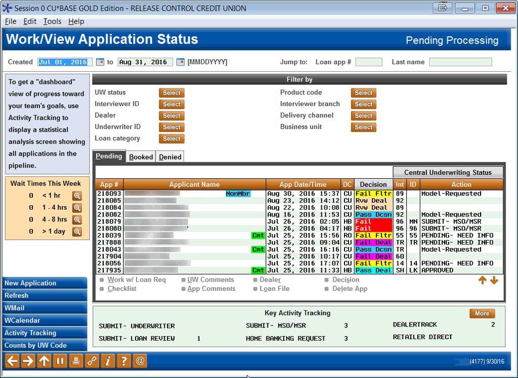 Work/View Loan Application Status (Tool #2) For busy loan departments, the Wait times area is a