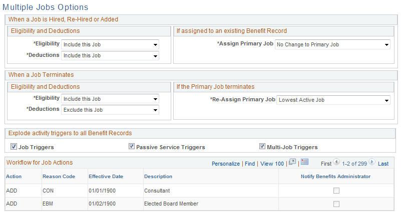 Chapter 5 Setting Up Additional Manage Base Benefits Features Navigation Set Up HCM, Product Related, Base Benefits, Multiple Jobs Options, Multiple Jobs Options Image: Multiple Jobs Options page
