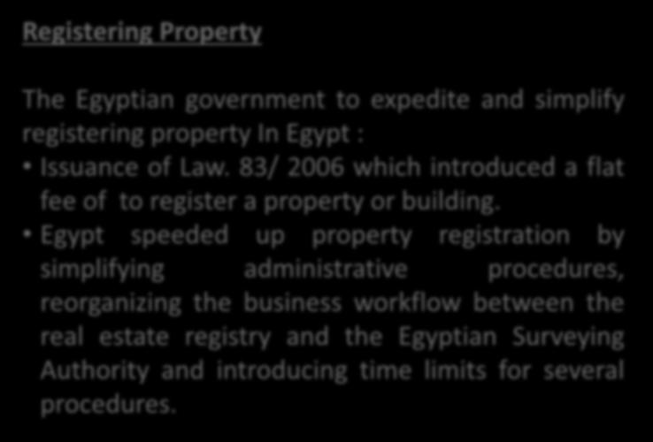 A business environment favourable to investment Registering Property Procedures Reforms The Egyptian government to expedite and simplify registering property In Egypt : Issuance of Law.