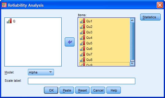 4. Leave the "Model:" set as "Alpha", which represents Cronbach's alpha in SPSS. If you want to provide a name for the scale enter it in the "Scale label:" box.